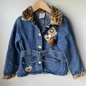 Vintage Girl Jean‎ Jacket Size 6 Horse Patchwork Cheetah Faux Fur Embroidered